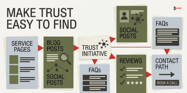 Proof asset map connecting service pages, blog posts, social posts, FAQs, reviews, and a contact path around a central trust initiative with the headline Make trust easy to find