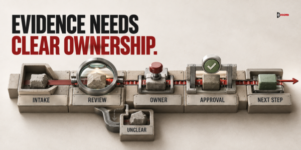 An evidence workflow moving through Intake, Review, Owner, Approval, and Next Step, with a separate Unclear route, under the headline Evidence needs clear ownership.