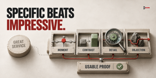 A proof workflow separating Moment, Contrast, Detail, and Objection from generic praise, under the headline Specific beats impressive.