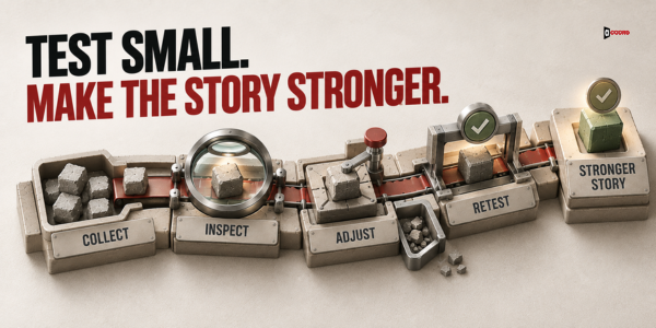 A story-improvement workflow moving from Collect to Inspect, Adjust, Retest, and Stronger Story, under the headline Test small. Make the story stronger.
