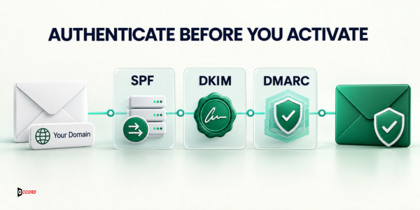 Cold email authentication workflow showing domain setup, SPF, DKIM, and DMARC checks before activation