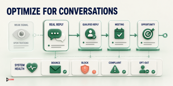 Cold email measurement funnel prioritizing real replies, qualified conversations, meetings, and opportunities over weak open signals