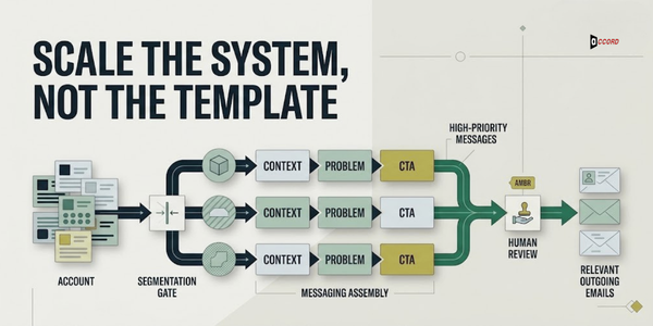 Diagram showing accounts passing through a segmentation gate into context, problem, and CTA message assembly, then human review for high-priority messages before relevant outgoing emails.