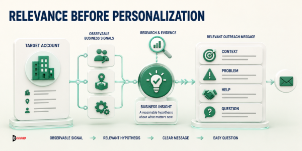 Cold email research workflow turning observable account signals into a relevant hypothesis, clear message, and easy question