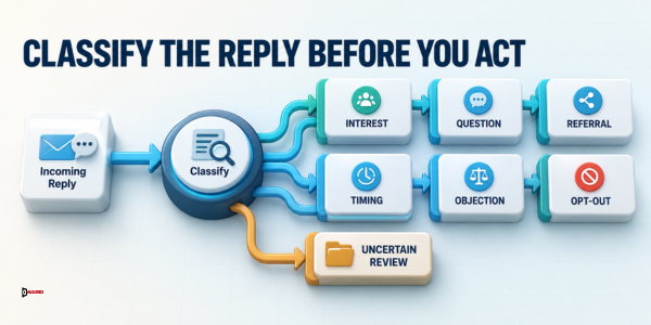 Diagram headlined Classify the reply before you act showing an incoming reply routed through a classify step into interest, question, referral, timing, objection, and opt-out lanes, with an uncertain review path for ambiguous cases