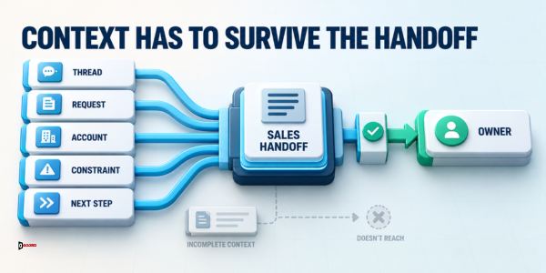 Diagram headlined Context has to survive the handoff showing thread, request, account, constraint, and next-step details feeding a sales handoff card that reaches an owner, while incomplete context does not reach