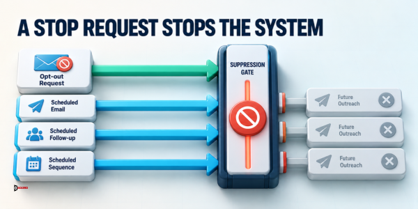 Diagram headlined A stop request stops the system showing an opt-out request passing through a suppression gate that halts scheduled email, follow-up, and sequence messages