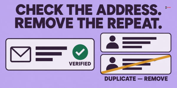Check the address, remove the repeat: a verified email passes and a duplicate record is removed