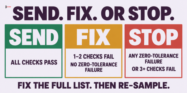 Send, fix or stop: all checks pass, one or two fail with no zero-tolerance failure, or a zero-tolerance failure stops the send