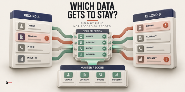 Diagram headlined Which data gets to stay? showing record A and record B each contributing owner, company, phone, and industry values through a field selection step into a single master record, decided field by field rather than record by record