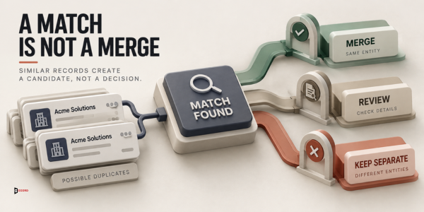 Diagram headlined A match is not a merge showing possible duplicate records feeding a match found step that branches into three outcomes: merge for the same entity, review to check details, and keep separate for different entities