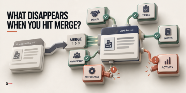 Diagram headlined What disappears when you hit merge? showing a duplicate record merging into a surviving CRM record, with deals, tasks, notes and ownership carried across while communication preferences and activity history are flagged as at risk