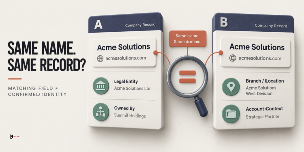 Diagram headlined Same name, same record? comparing two company records for Acme Solutions sharing a name and domain, one a legal entity owned by Summit Holdings and one a branch location, showing a matching field does not confirm identity