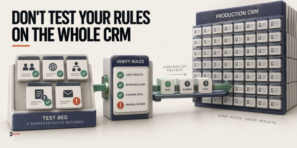 Diagram headlined Don't test your rules on the whole CRM showing a small test bed of representative records passing through a verify rules checklist and a controlled rollout of test, expand, then full before reaching the production CRM