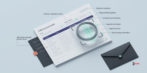 CRM record sheet with verification checks handing enriched, campaign-ready data to email, sales, and reporting.