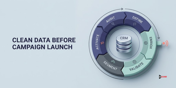 Circular workflow diagram showing audit, define, enrich, validate, segment, and activate steps for CRM enrichment.