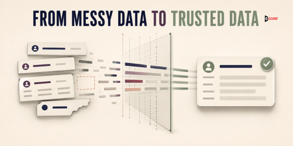 Four messy CRM contact cards passing through a filter and emerging as one verified, trusted contact record