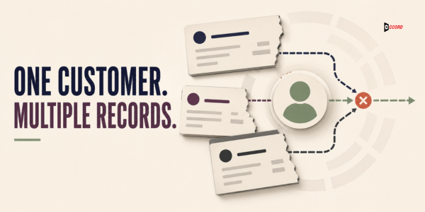 Three duplicate CRM contact cards for one customer converging on a blocked icon, representing conflicting duplicate outreach