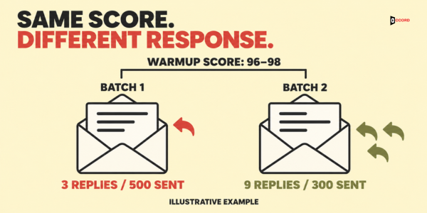 Same score, different response: a warmup score of 96 to 98 in both batches, 3 replies from 500 sent in batch 1 and 9 replies from 300 sent in batch 2 (illustrative example)