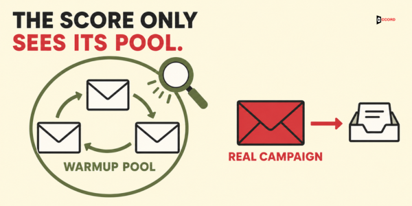 The score only sees its pool: warmup emails circle inside a pool of mailboxes while the real campaign email goes to a buyer's inbox