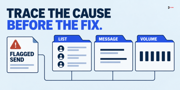 Trace the cause before the fix: a flagged send is checked against the list, the message and the volume