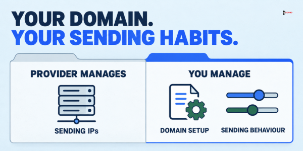 Your domain, your sending habits: the provider manages the sending IP addresses, while you manage the domain setup and your sending behaviour