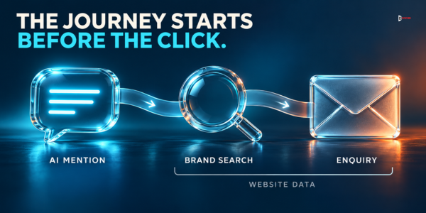 The journey starts before the click: an AI mention, then a brand search, then an enquiry, with only the later steps visible in website data