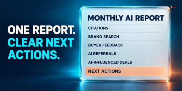 One report, clear next actions: citations, brand search, buyer feedback, AI referrals, AI-influenced deals and next actions