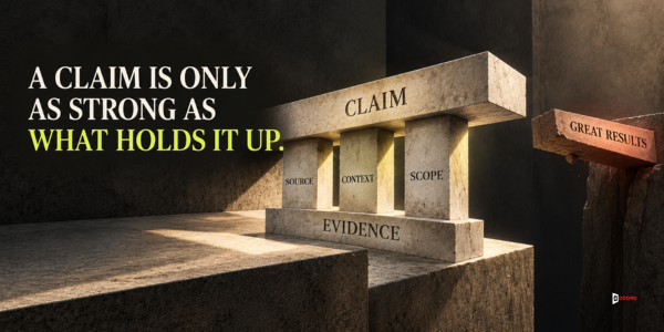 A stone beam labelled Claim resting on pillars for Source, Context, and Scope above an Evidence base, beside an unsupported Great Results sign, under the headline A claim is only as strong as what holds it up.