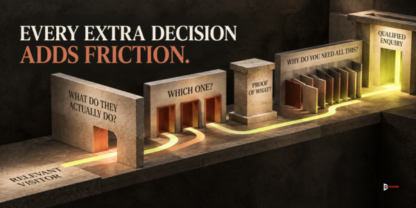 A relevant visitor's path winding through gates labelled What do they actually do, Which one, Proof of what, and Why do you need all this before reaching Qualified Enquiry, under the headline Every extra decision adds friction.