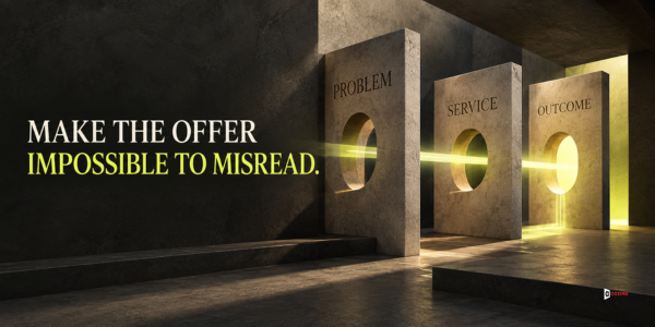 Three stone gateways labelled Problem, Service, and Outcome aligned on one beam of light, under the headline Make the offer impossible to misread.
