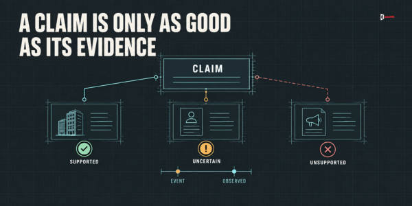 Diagram headlined A claim is only as good as its evidence showing one claim branching into a supported company record, an uncertain contact record, and an unsupported announcement, with observed and event dates marked separately