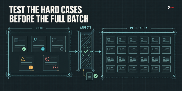 Diagram headlined Test the hard cases before the full batch showing a mixed pilot sample with accepted, uncertain, and rejected records moving through an approval checkpoint before it unlocks the full production run
