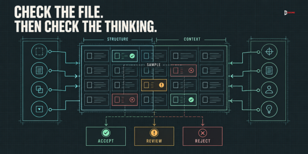 Diagram headlined Check the file, then check the thinking showing a structural check column and a context review column feeding a sample of records that resolve to accept, review, or reject