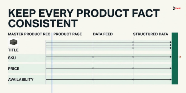 Product data consistency map aligning title, SKU, price, and availability across the master record, product page, data feed, and structured data