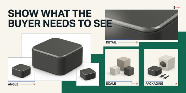 Product image set showing the angle, detail, scale, and packaging views buyers need