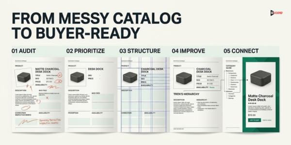 Five-stage product listing workflow moving from catalog audit and prioritization to structure, improvement, and a buyer-ready listing