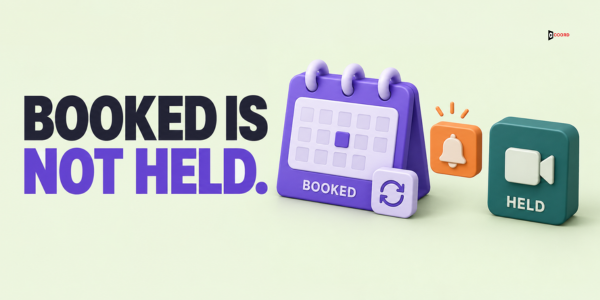 Booked is not held: a booked calendar slot, a reminder bell and a held video call
