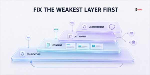 Layered pyramid showing foundation, content, authority, and measurement stacked from SEO through AEO to GEO, connecting outward to people and institutions