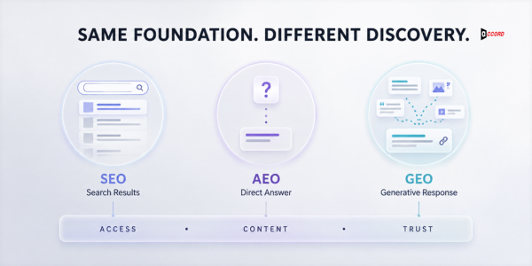 SEO, AEO, and GEO shown as three circles sharing one foundation of access, content, and trust, each pointing to a different discovery surface: search results, direct answer, and generative response