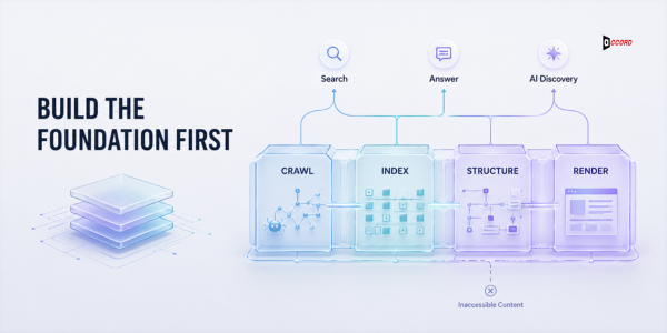 Crawl, index, structure, and render pipeline feeding search, answer, and AI discovery systems, with a flagged inaccessible-content branch