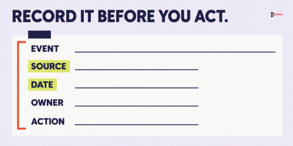Record it before you act: event, source, date, owner and action in one log row