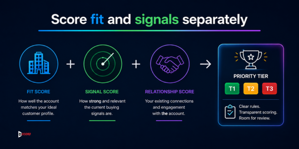 Scoring diagram combining fit score, signal score, and relationship score into practical account priority tiers.