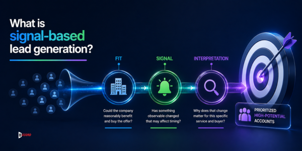 Diagram showing fit, signal, and interpretation turning a broad account pool into prioritized high-potential accounts.