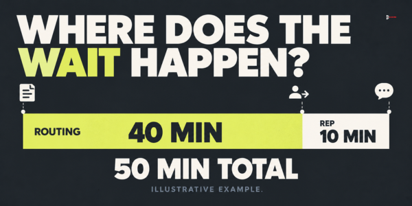 Where does the wait happen? An illustrative 50-minute response: 40 minutes of routing and 10 minutes of rep response