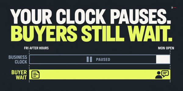 The business clock pauses after hours while the buyer keeps waiting from Friday after hours to Monday open