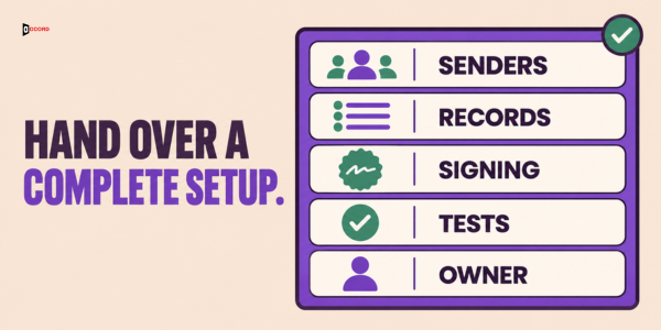 Hand over a complete setup: senders, records, signing, tests and an owner