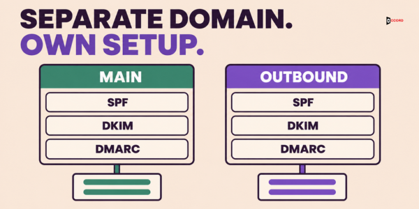 Separate domain, own setup: the main domain and the outbound domain each need their own SPF, DKIM and DMARC