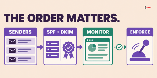 The order matters: list your senders, set up SPF and DKIM, monitor with DMARC, then enforce