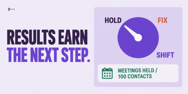 Results earn the next step: hold, fix or shift, decided by meetings held per 100 contacts